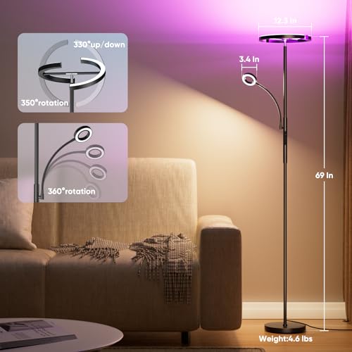 Upgraded 36W RGBCW Floor Lamp with Ring Reading Lamp, Rotatable Remote Control LED Standing Lamp Dimmable Floor Light Modern Standing Light for Living Room Bedroom Home Office, Black - color: 2-in-1 Black RGB