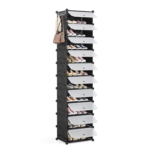 Mondeer Shoe Storage Cabinet, Modular Shoe Rack, Cube Plastic Shoe Organizer with Door, Dustproof and Waterproof for Entrance Hall, Bedroom, Living Room, Stores 20 Pairs of Shoes, Black - color: Black