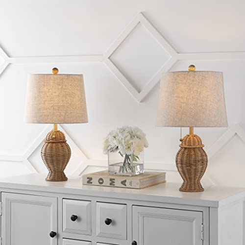 JONATHAN Y 20.5" Wicker Table Lamp, Natural with Beige Shade, Set of 2 | Margie Bohemian Rustic Farmhouse Coastal Urn Rattan Metal, Pull Chain Switch, Linen, LED Bulbs Included - color: Natural
