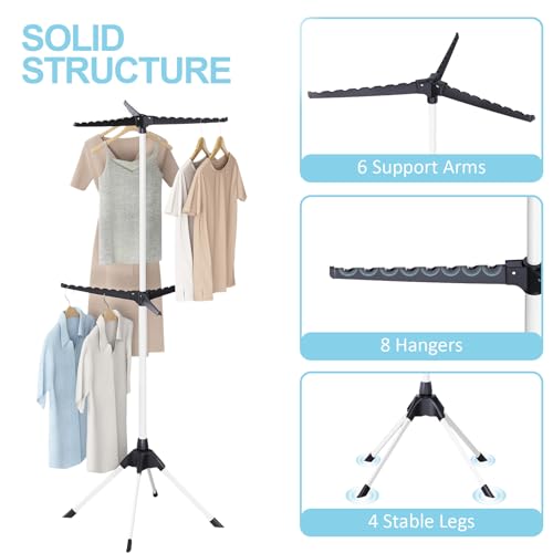 Clothes Drying Rack, 2-Tier 48 Hangers Foldable Black | 2-Tier Design, 6 Rotatable Arms, 48 Hangers, 4-Leg Stable Base, Foldable, For Indoor Outdoor, RV Travel & Beach Use - color: Black
