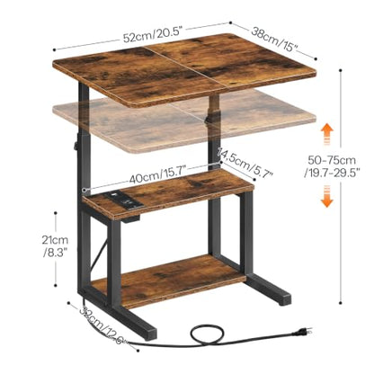 HOOBRO C-Shaped End Table, Adjustable Height Side Table with Power Strip | Couch Table with 20.5"L x 15"W Spacious Desktop, TV Tray Table with Storage Shelves for Living Room, Sofa Chair, Rustic Brown - color: Rustic Brown + Black