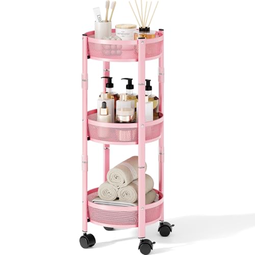 TOOLF 3 Tier Foldable Rolling Cart, Metal Utility Storage Cart, Pink | Assembly-Free, Lockable Wheels, Round Trolley Organizer for Bathroom, Kitchen, Office, Dorm, Laundry, Craft Room - color: Pink