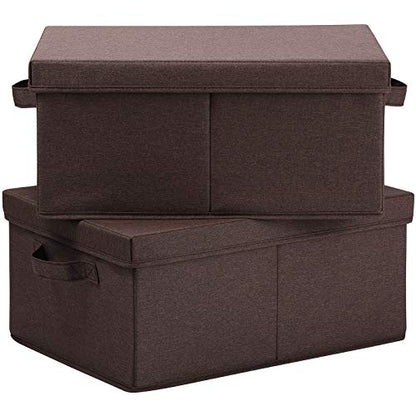 HOONEX Linen Foldable Storage Bins with Lids, 2 Pack, Storage Boxes with Carrying Handles and Sturdy Heavy Cardboard, 16.5" L x 11.8" W x 7.5" H for Shoes, Clothes, Brown - color: Brown