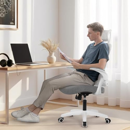 NEO CHAIR Office Desk Chair with Ergonomic High Back Mesh Headrest, Grey | Adjustable Headrest and Lumbar Support with Flip-Up Armrests Designed for Extended Sitting Comfort While Saving Space - color: Grey