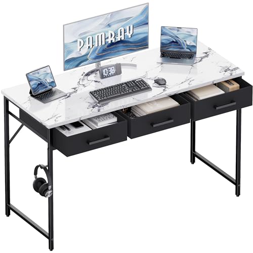 Pamray 47 Inch Small Computer Desk with 3 Drawers for Bedroom Study Writing Home Office Table for Small Spaces Marble - color: Marble, size: 47 Inch