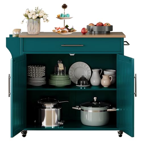 Kitchen Storage Island, Wooden Rolling Island On Wheels with Wood Top, Mobile Kitchen Island Cart with Towel Rack, Spice Rack and Drawers, Green - color: Green