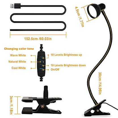 LiFMIRA Clip-on Reading Light - 3 Color Modes, 10 Dimmable Brightness,Black | Eye Care Clamp Desk Lamp with Flexible Gooseneck for Reading in Bed, Desk, Headboard, Computer - color: Black
