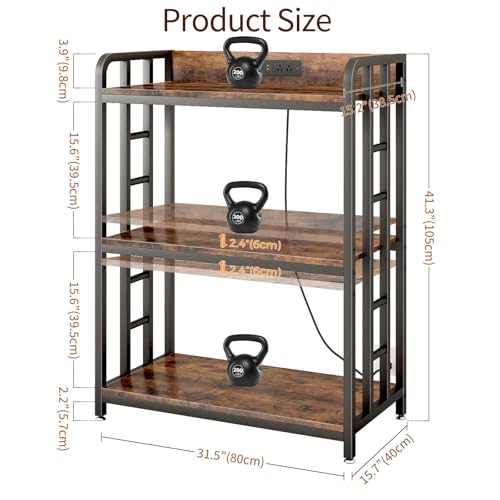 Baker's Rack with Power Outlet, 3-Tier Adjustable Microwave Cart, Brown | Microwave Stand with Storage, Spice Rack，Locking Wheels, Coffee Station for Kitchen，Living Room，Coffee Bar，Office - color: Rustic