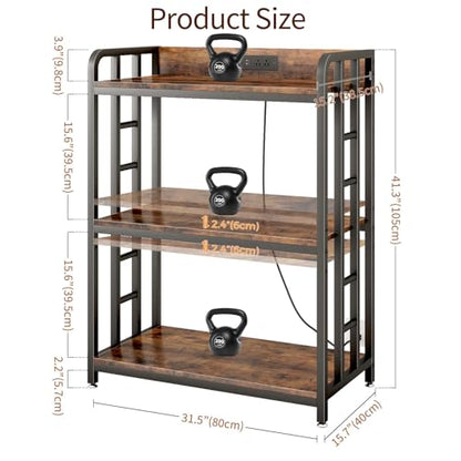 Baker's Rack with Power Outlet, 3-Tier Adjustable Microwave Cart, Brown | Microwave Stand with Storage, Spice Rack，Locking Wheels, Coffee Station for Kitchen，Living Room，Coffee Bar，Office - color: Rustic