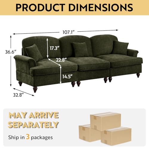 Modular Sectional Sofa Couch, Comfy Chenille Sofa with Removable Ruffled Skirt, Flared Armrests, Sturdy Legs, Convertible 3-Seat for Living Room, Bedroom, Apartment (Green) - color: Green, size: 107.1 Inch
