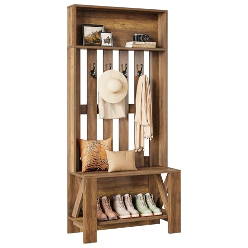 Tribesigns Hall Tree with Bench and Shoe Storage, Farmhouse Entryway Bench with Coat Racks, 70.8" Tall Wooden Freestanding Coat Rack with shoe storage and 4 Hooks for Mudroom, Hallway, Bedroom, Brown