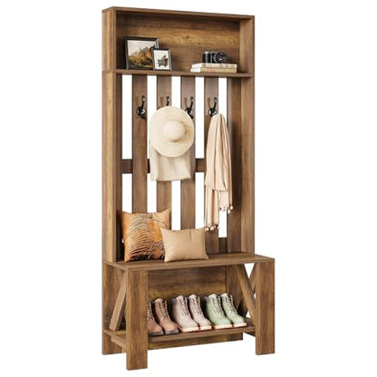 Tribesigns Hall Tree with Bench and Shoe Storage, Farmhouse Entryway Bench with Coat Racks, 70.8" Tall Wooden Freestanding Coat Rack with shoe storage and 4 Hooks for Mudroom, Hallway, Bedroom, Brown
