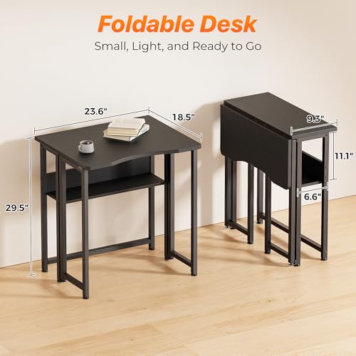 Huuger Folding Desk with Storage Shelf, 23.6 Inch Foldable Computer Table | Writing Work Office Computer Desk for Small Spaces, Space Saving Sofa Table for Couch, Easy to Fold, Black - color: Black, size: 18.5"D x 23.6"W