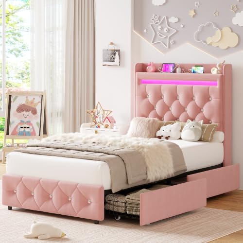 Garvee Twin Upholstered LED Bed Frame with Storage Headboard, Pink | Twin Bed with Charging Station and 2 Drawers, Soft Velvet Princess Platform Bed for Kids, No Box Spring Needed, Easy Assembly - color: Pink, size: Twin
