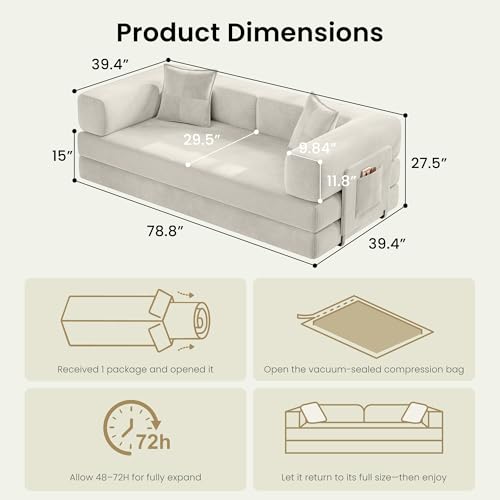 78.8" Convertible Futon Sofa Bed, Boneless Couch for Living Room | Corduroy Boneless Loveseat Sleeper Sofa, Modular Futon Couch with Storage Pocket, Pull Out Couch No Assembly | White - color: White