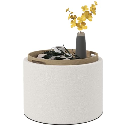 HOMCOM Round Storage Ottoman with Flip Top Tray, Footstool, Cream White | Upholstered Fabric, Small Coffee Table, Hidden Compartment, Accent Vanity Stool, Living Room