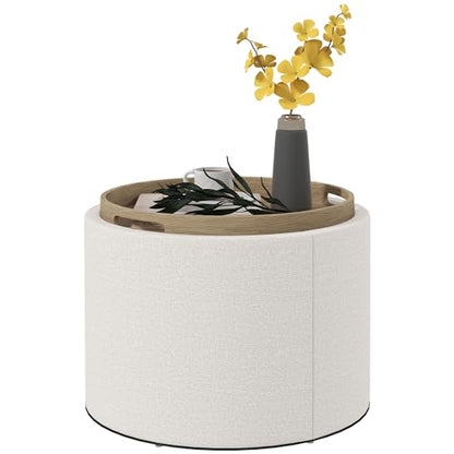 HOMCOM Round Storage Ottoman with Flip Top Tray, Footstool, Cream White | Upholstered Fabric, Small Coffee Table, Hidden Compartment, Accent Vanity Stool, Living Room