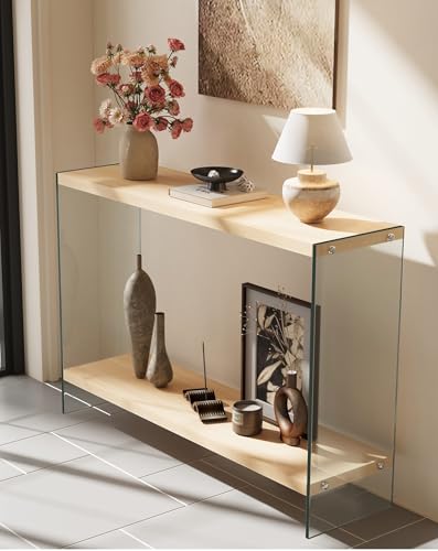 Console Table 2-Tier: 47.2 in Wide Rectangle Wood Shelf Glass Sides | Modern Desk Console Sofa Table Stand for Entryway - size: 47.2“W x 11.8"D x 30"H