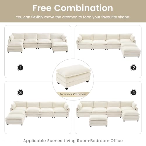 ROWHY Oversized Modular Sectional Couch with 2 Movable Ottoman, 148" Modern Convertible U Shaped Sofa Set, 4 Seat Comfy Cloud Couch with 2 Throw Pillows, for Living Room and Office, Chenille, Beige - color: Chenille Beige, size: 6 Seats U-Shaped
