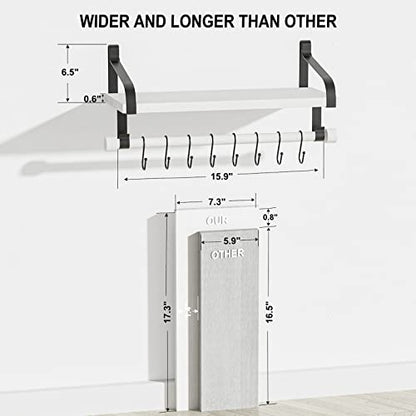 Love-KANKEI 17.3"Floating Wall Shelves Set of 2,Solid Wood,Coffee Bar,White | Spice Rack,Towel Bar/8 Hooks,39 Lbs/shelf,Easy to Install,For Kitchen,Bathroom,Living Room,Bedroom,Office,Entryway Display - color: White