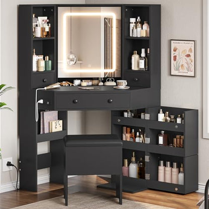 Corner Vanity Desk with Lighted Mirror, Makeup Vanity with Lights and Charging Station, Vanity Set with Mirror and Storage Stool, Makeup Table with Drawers, Rotating Shelves, Black - style: Modern Black