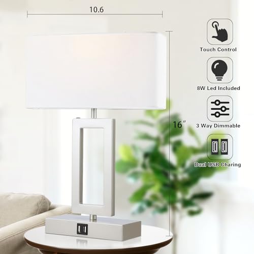 gernehop Silver Table Lamps Set of 2 with Dual USB Ports,3-Way Dimmable Touch Control Bedside Lamps,Modern Bedroom Table Lamp for Living Room,Nightstand LED Bulbs Included - color: 16Inch Silver