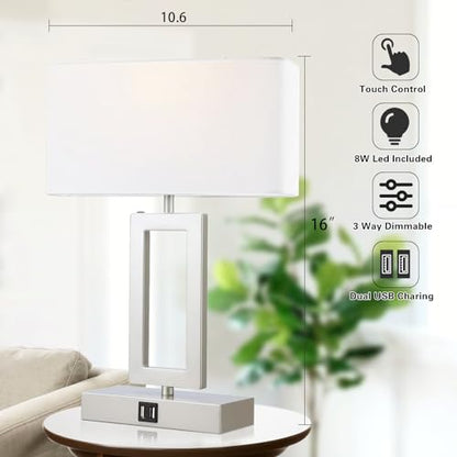 gernehop Silver Table Lamps Set of 2 with Dual USB Ports,3-Way Dimmable Touch Control Bedside Lamps,Modern Bedroom Table Lamp for Living Room,Nightstand LED Bulbs Included - color: 16Inch Silver