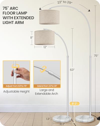 75" Arc Floor Lamp with Marble Base and Adjustable Height, Rotating Hanging Shade, Dimmable Floor Lamp for Living Room with Remote and Foot Switch, 3CCT, Beige Shade and Silver Pole SE15LD05N1 - color: Silver + Beige