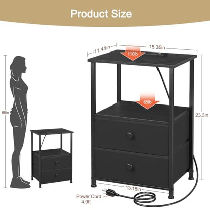 Nightstands Set of 2, Night Stand with Charging Station | Bedside Table with 2 Fabric Drawers for Bedroom, End Tables with Storage Shelf for Small Spaces, Black - color: Black, style: Power