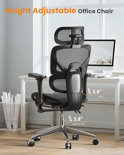 naspaluro Ergonomic Office Chair Lumbar Support High Back 350lbs Capacity | Adjustable Height Breathable Mesh Swivel Desk Chair with 3D Armrest Headrest, Footrest, PU Wheels, Comfy Computer Chair Black - color: Black