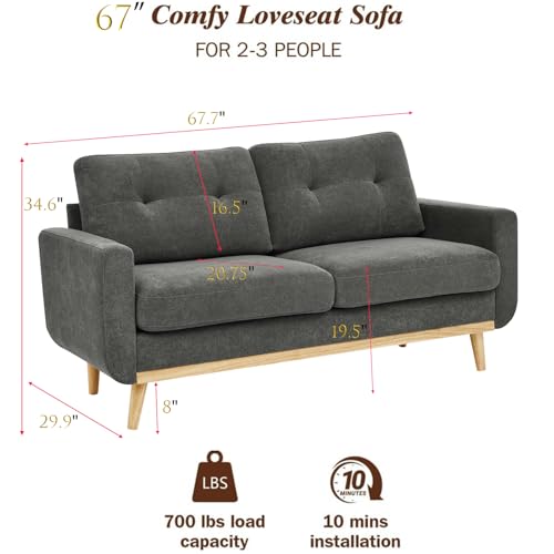 67" Gray Loveseat Sofa, Mid Century Modern Love Seat Sofas and Comfy Corduroy Couches for Living Room, Button Tufted Small Cloud Couch for Bedroom Office Apartment Small Space, Easy Assembly (Gray) - color: Grey