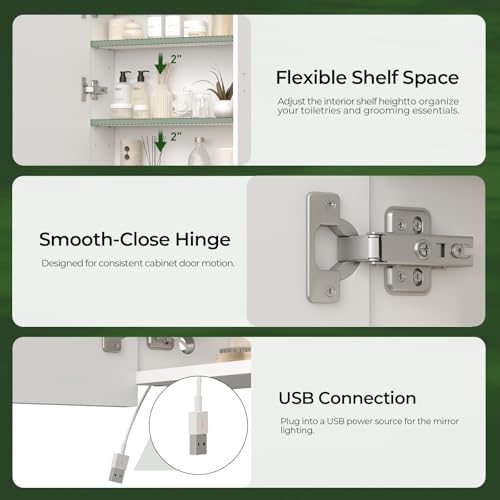 Lighted Bathroom Medicine Cabinet with Mirror, LED Bathroom Vanity Mirror with Storage, 3 Color Temperatures, Wall Mounted Bathroom Cabinet, Adjustable Shelves, Touch-Sensitive Control, White