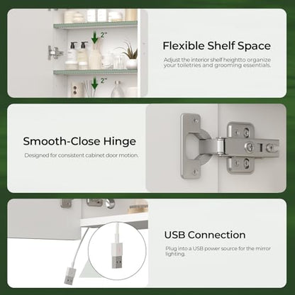 Lighted Bathroom Medicine Cabinet with Mirror, LED Bathroom Vanity Mirror with Storage, 3 Color Temperatures, Wall Mounted Bathroom Cabinet, Adjustable Shelves, Touch-Sensitive Control, White