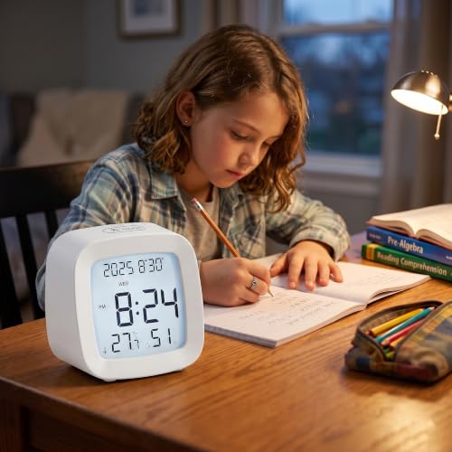 Digital Alarm Clock with Backlight, Snooze, Temp & Humidity Display,White | Time, Date & Weekday Temperature & Humidity Touch Backlight 5-Minute Snooze,Battery Operation Long Battery Life