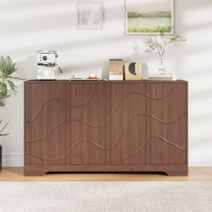 Godchoices 56" Sideboard Buffet Cabinet with Storage, Modern Accent Credenza with Wavy Doors & Adjustable Shelf, Console Cabinet for Kitchen,Living Room,Dining Room,Entryway,Hallway - color: 56" Walnut
