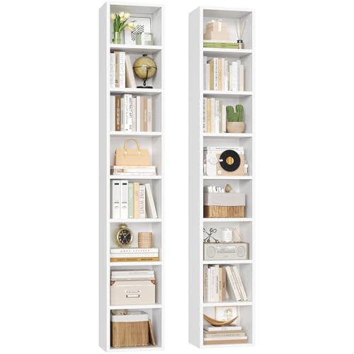 FOTOSOK 2 Pcs 71'' Tall Narrow Bookshelf, 8-Tier Media Tower Rack Set of 2 | CD DVD Storage Cabinet with Adjustable Shelves, Tall Narrow Bookcase Skinny Display Bookshelf Slim Shelf, White - color: White