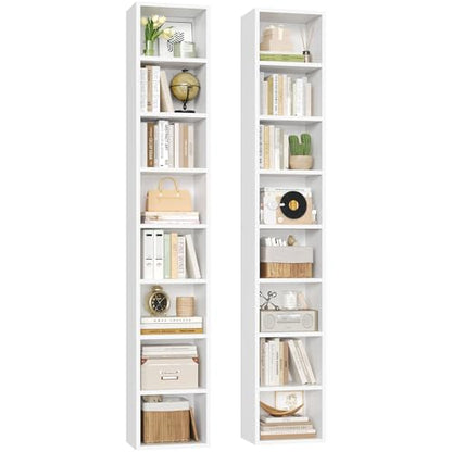FOTOSOK 2 Pcs 71'' Tall Narrow Bookshelf, 8-Tier Media Tower Rack Set of 2 | CD DVD Storage Cabinet with Adjustable Shelves, Tall Narrow Bookcase Skinny Display Bookshelf Slim Shelf, White - color: White