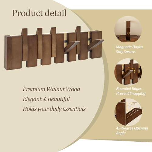 16.9" Wooden Piano Key Coat Rack Wall Mounted, 6 Hooks Natural Walnut Wall Coat Rack, Wall Mounted Coat Rack for Hanging Coats/Hats/Keys/Towels/Bags - size: 6 Hooks