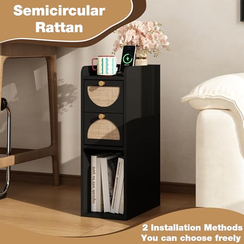 Narrow Nightstand (Rattan & Wood) - Small Bedside Table with 2 Drawers, Open Shelf, Mid Century Modern End Table - for Bedroom, Living Room & Small Spaces, Black - color: Black, size: 7.9"W (1 Pc)