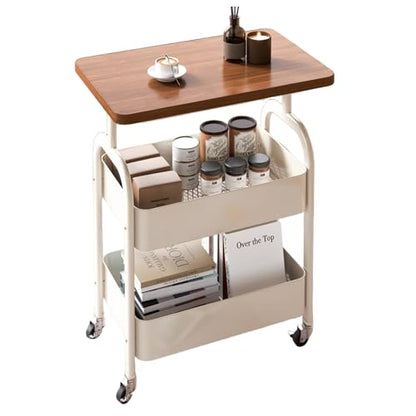 3-Tier Rolling Utility Cart with Drawers, Solid Wood Tabletop Metal Storage Cart, 360° Swivel Wheels & 2 Lockable Casters, Lightweight Mobile Organizer Trolley for Kitchen Living Room Bathroom - color: White.b