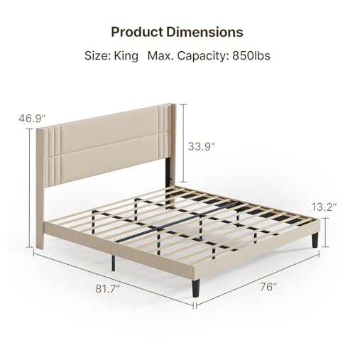 Gizoon King Bed Frame with Wingback Headboard, Upholstered Platform Bed | Bed Frame with Padded Headboard,Wooden Slats, Noise-Free, No Box Spring Needed, Easy Assembly,Beige - color: Beige, size: King