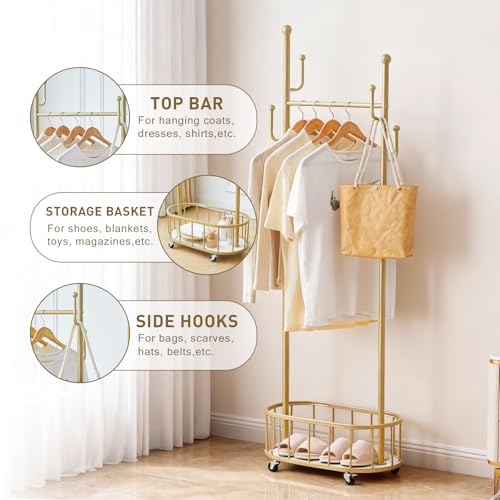Free Standing Rolling Clothes Rack with Wheels Coat Rack - Golden | Small Narrow Cloth Hanger Metal Garment Racks for Bedroom Livingroom Lab Dress Shirts Rack with Storage Shelves - color: Gold