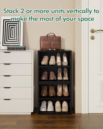 2 Tier Small Shoe Storage Bench Black US-FHXD01B | hold up to 4 pairs of shoes, with Adjustable Middle Shelf, Padded Seat Cushion,cut-out handle - color: Black