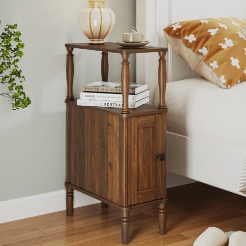 Veegle Narrow Nightstand,Skinny End Side Table (Walnut Brown) | Mid-Century Modern Night stand with Storage,Bedside Table for Bedroom and Living Room - color: Walnut Brown-narrow