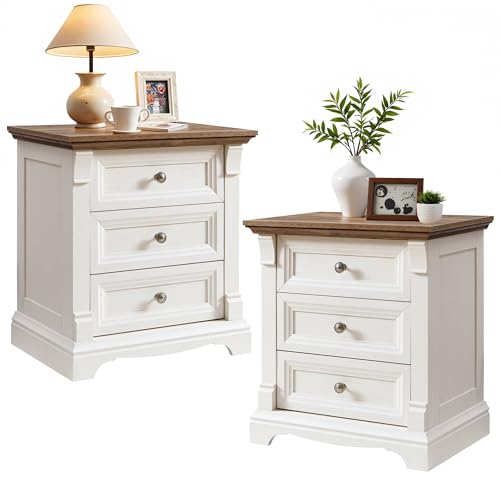 Farmhouse 26"H Nightstand Set of 2, 23.6"W End Table with Charging Station | 3 Drawers Storage, Wood Side Table w/Roman Column, Bedside Cabinet for Bedroom, Living Room, Antique White - color: Antique White, size: 23.6"W x 15.7"D x 26"H