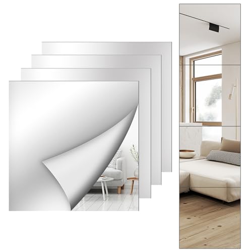 Shiftshade 4 Pack Wall Mirror Full Length, 12 x 12 Inch Acrylic Mirror Tiles, Shatterproof Flexible Plastic Mirror Sheets for Bedroom Home Gym Door - size: 12x12inchx4pack