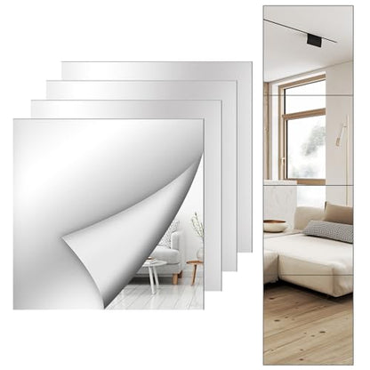Shiftshade 4 Pack Wall Mirror Full Length, 12 x 12 Inch Acrylic Mirror Tiles, Shatterproof Flexible Plastic Mirror Sheets for Bedroom Home Gym Door - size: 12x12inchx4pack