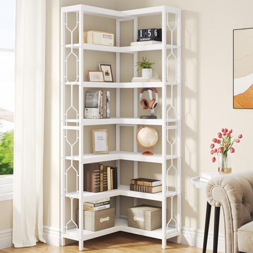 Tribesigns Corner Shelf, 7-Tier Industrial Corner Bookshelf, Wood and Metal Corner Etagere Bookcase, Freestanding Display Shelf for Living Room, Kitchen, Home Office, White - color: White