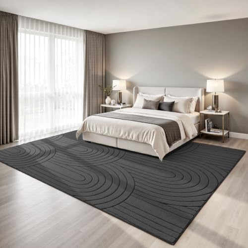 Sour Lemon Area Rugs 9x12 Living Room Bedroom, Modern Washable Rug Grey | Machine Carpet Non-Slip, Soft Large Fluffy Plush Thick, Big, Geometric High-Low Pile Nersy Rug for Kids Dining Room - color: Dark Grey, size: 9' x 12' (Rectangular)