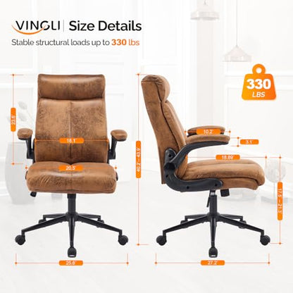 VINGLI Microfiber Brown Rolling Ergonomic Office Desk Chair with Padded Flip-up Arms, 360°Swivel High Back Executive Computer Chair with Wheels for Game，Home Small Space, Study Room, Reading Room - color: Microfiber-brown